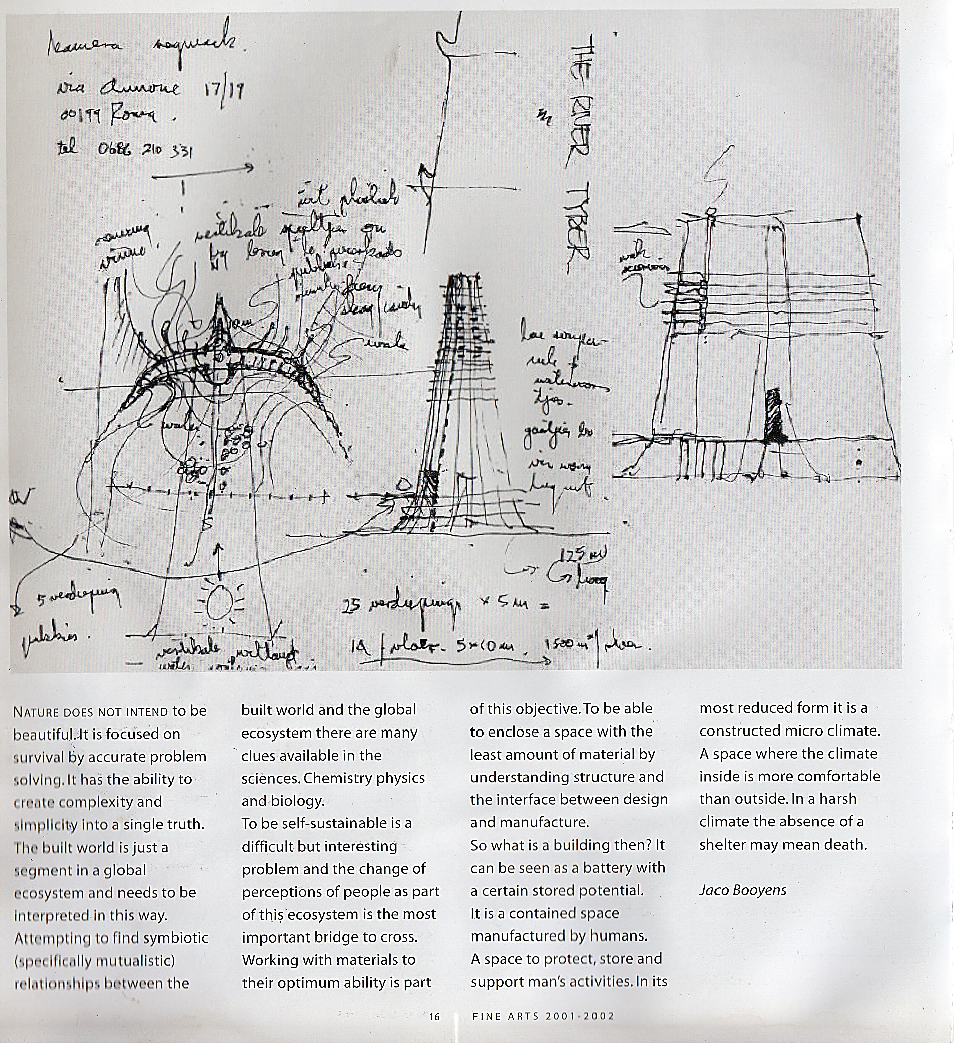 Vertical Village — Fine Arts 2001–2002 publication page — sketches and English manifesto